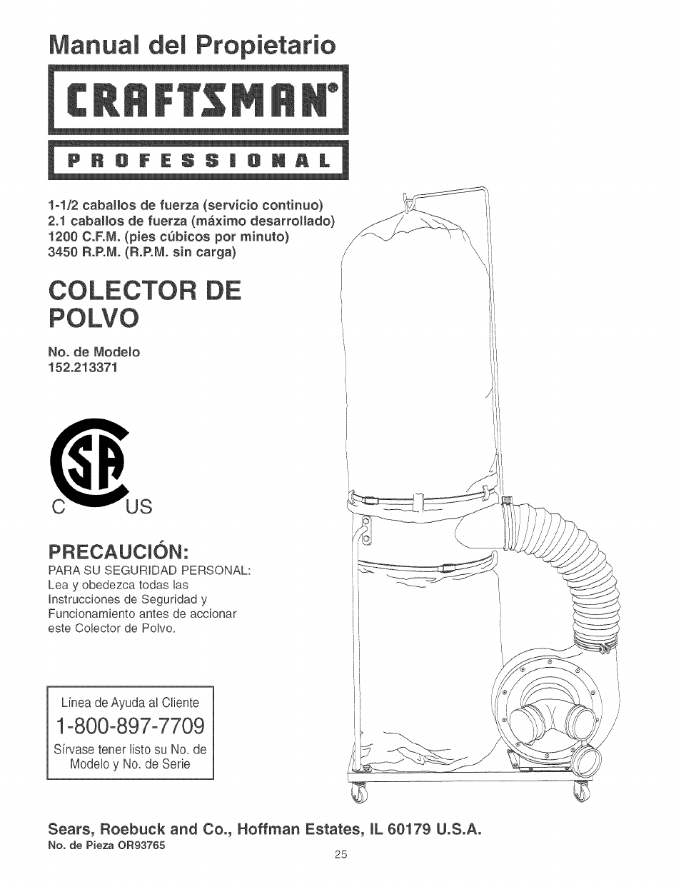 Manual del propietario, Colector de polvo, Crrftsmrn | Precaucion | Craftsman 152.213371 User Manual | Page 25 / 48