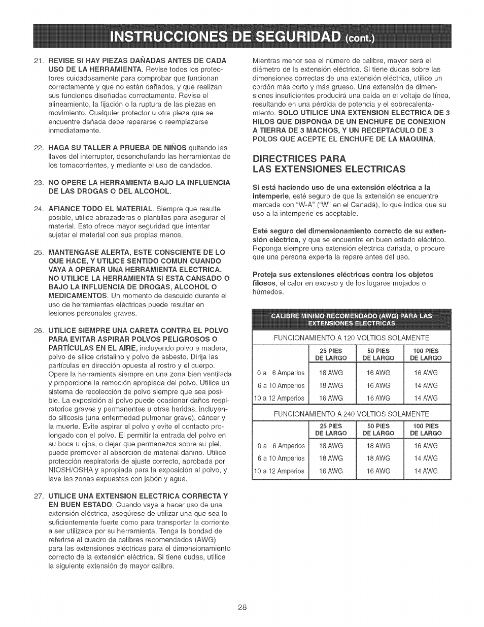 Directrices para las extensiones electricas | Craftsman 152.213371 User Manual | Page 28 / 48