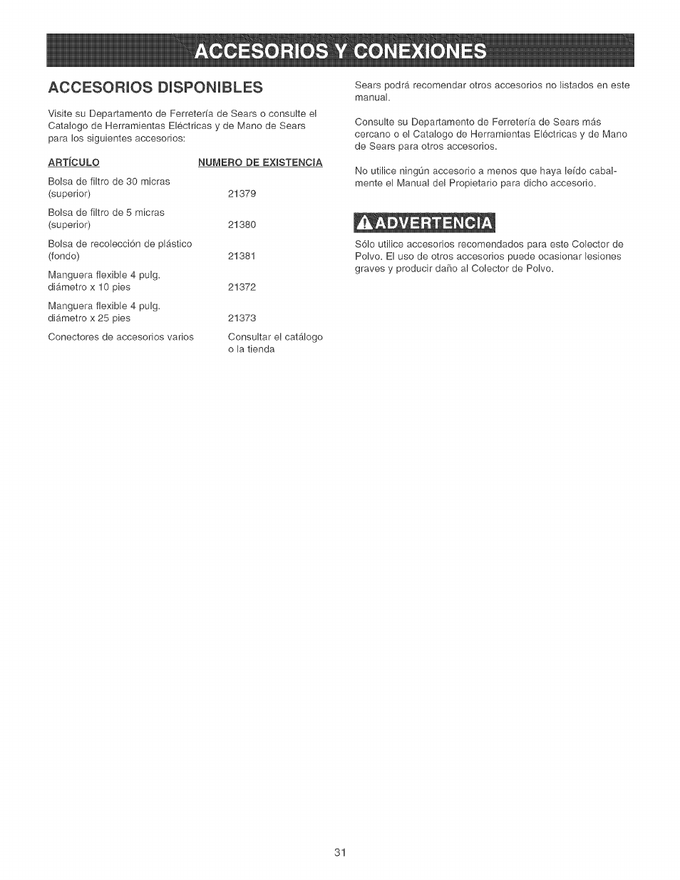 Accesorios disponibles, Aadvertencia, Advertencia | Craftsman 152.213371 User Manual | Page 31 / 48