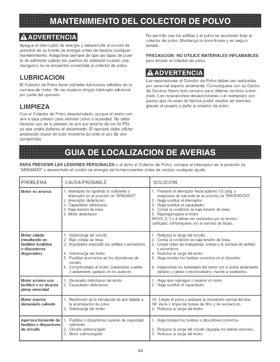 Aadvertencia, Lubricacion, Limpieza | Guia de localizacion de averi, Advertencia | Craftsman 152.213371 User Manual | Page 44 / 48