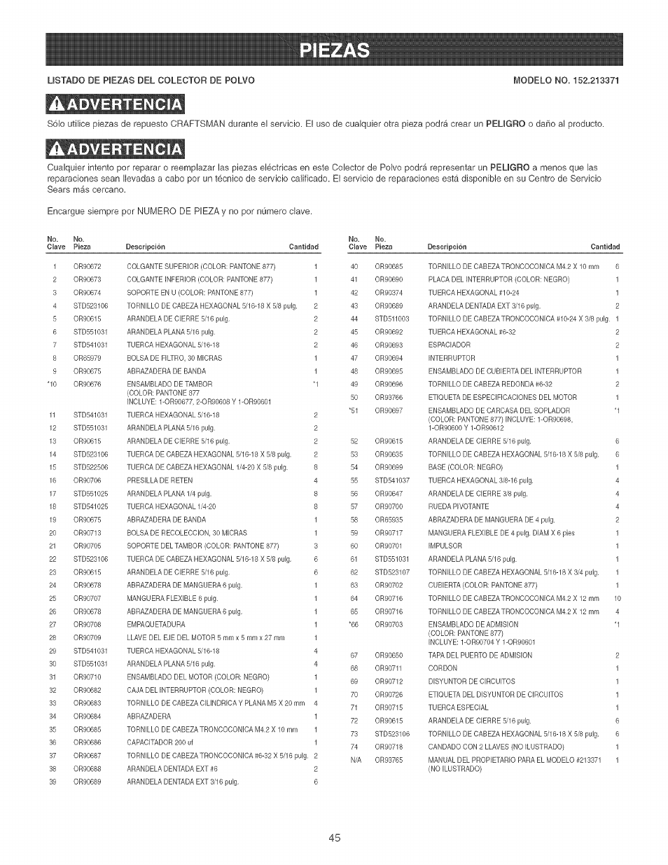 Aadvertencia, Advertencia | Craftsman 152.213371 User Manual | Page 45 / 48