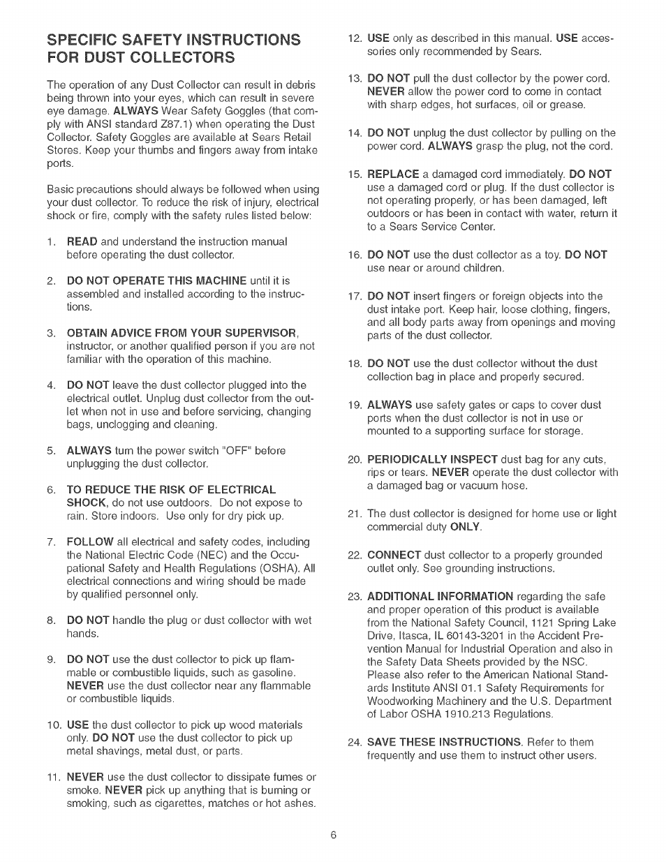 Specific safety instructions for dust collectors | Craftsman 152.213371 User Manual | Page 6 / 48