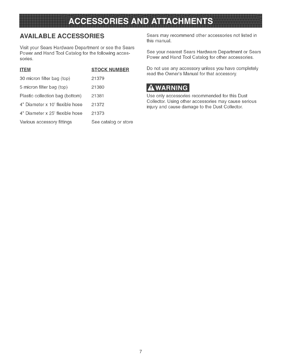 Available accessories, Awarning, Warning | Craftsman 152.213371 User Manual | Page 7 / 48