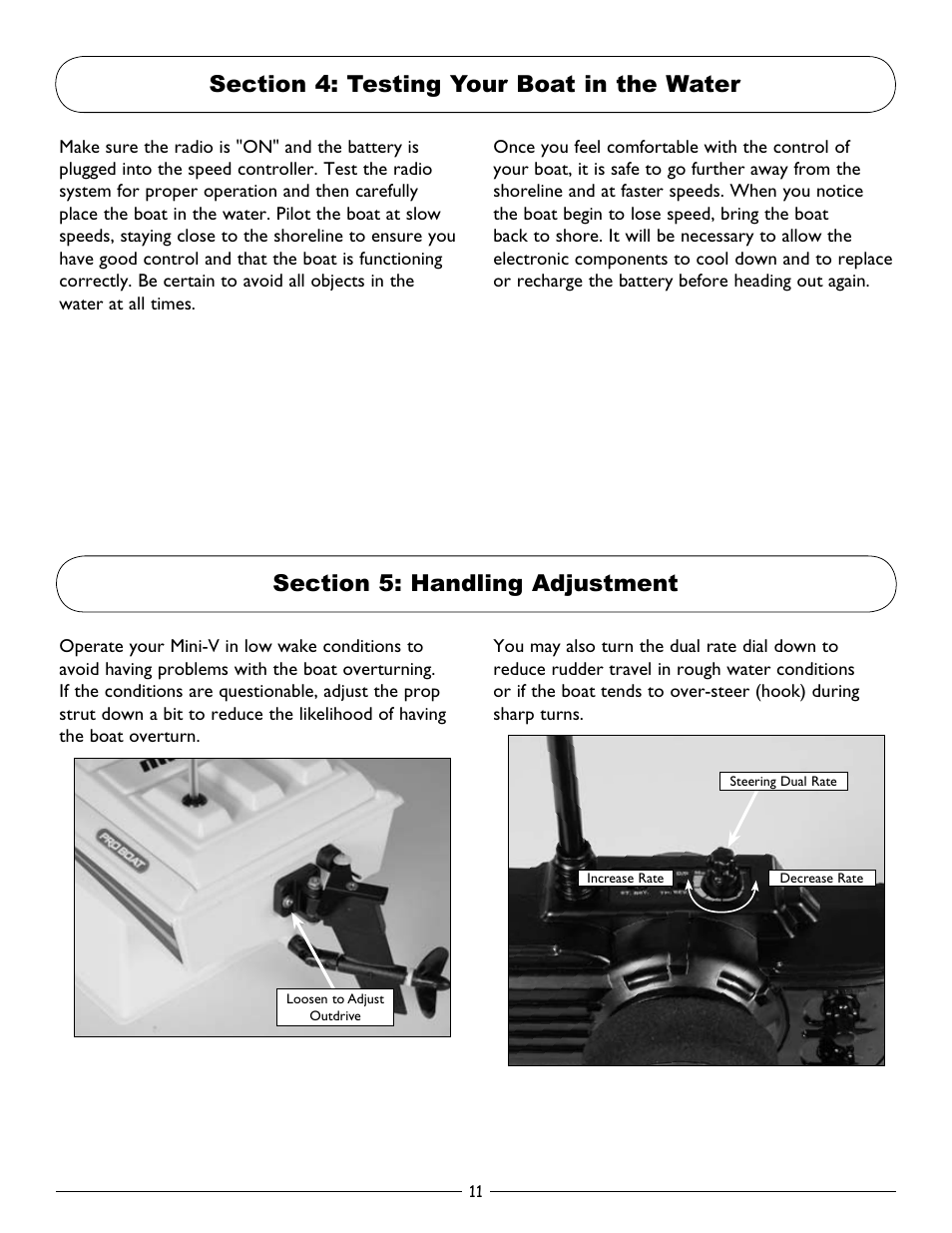 Section 4: testing your boat in the water, Section 5: handling adjustment | Pro Boat PRB3002 Owners Manual User Manual | Page 11 / 16