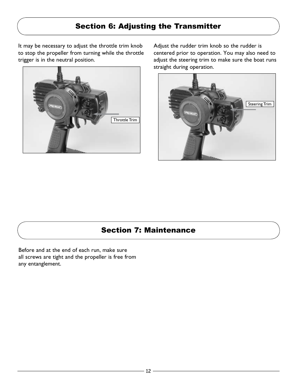 Section 6: adjusting the transmitter, Section 7: maintenance | Pro Boat PRB3002 Owners Manual User Manual | Page 12 / 16