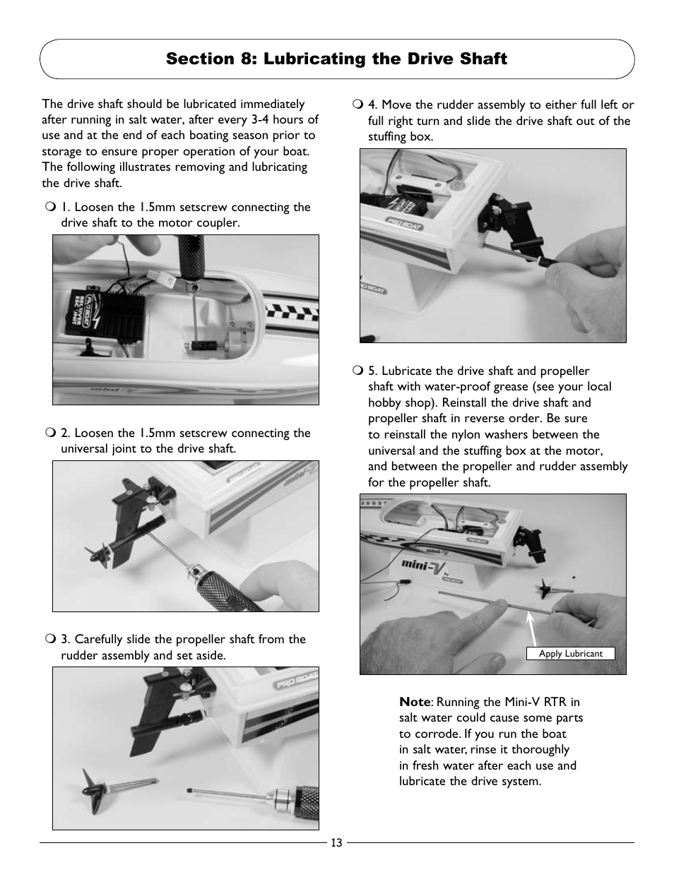 Section 8: lubricating the drive shaft | Pro Boat PRB3002 Owners Manual User Manual | Page 13 / 16