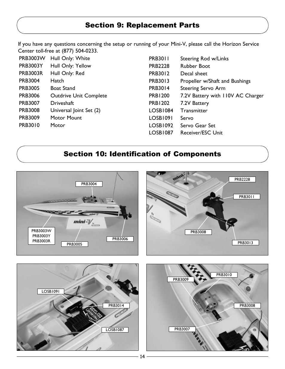Section 9: replacement parts, Section 10: identification of components | Pro Boat PRB3002 Owners Manual User Manual | Page 14 / 16