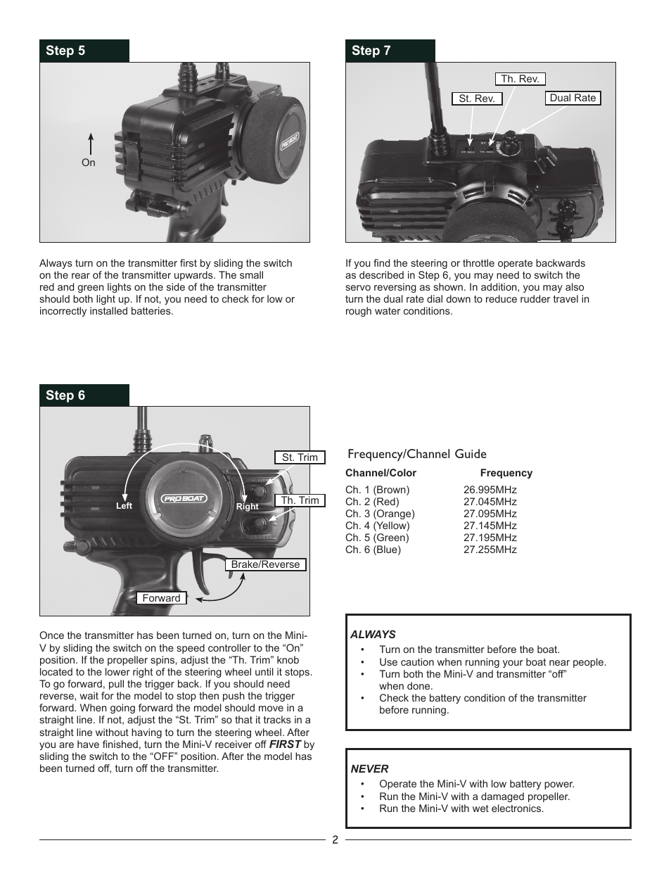 Step 5 frequency/channel guide, Step 6 step 7 | Pro Boat PRB3002 Quick Start User Manual | Page 2 / 4