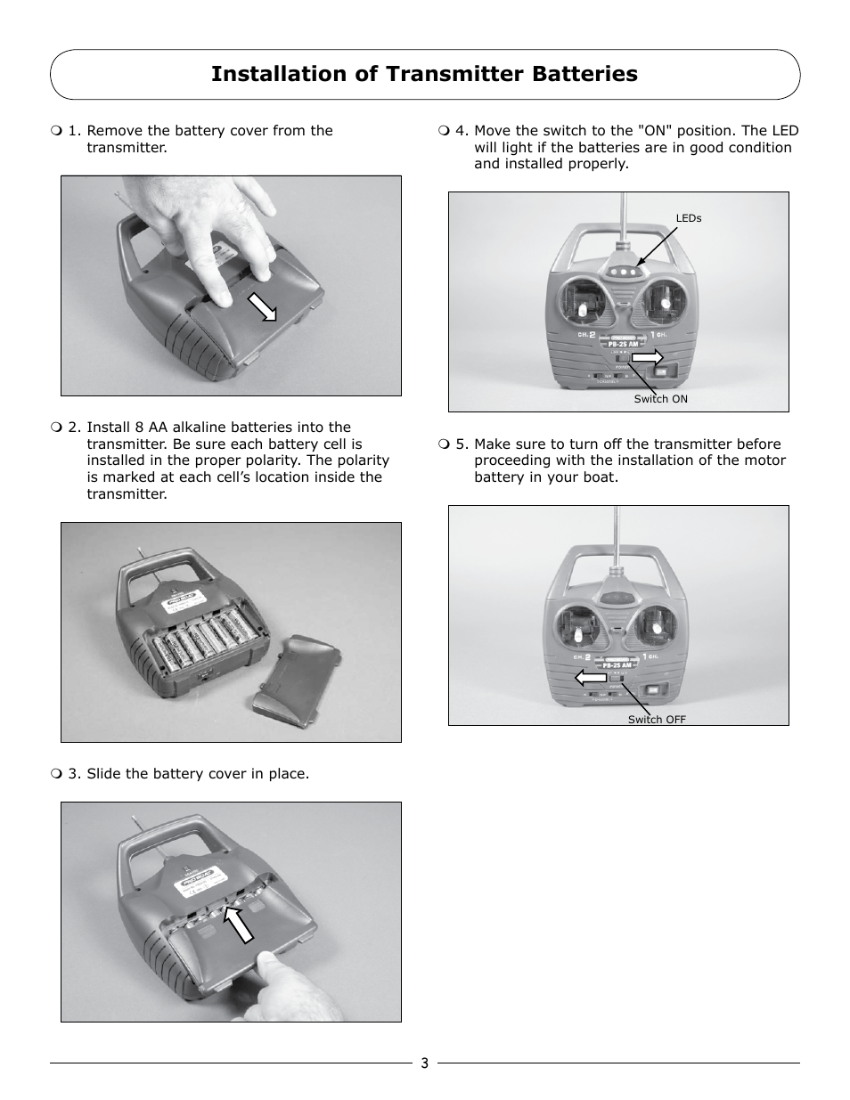 Installation of transmitter batteries | Pro Boat PRB3050 User Manual | Page 3 / 12