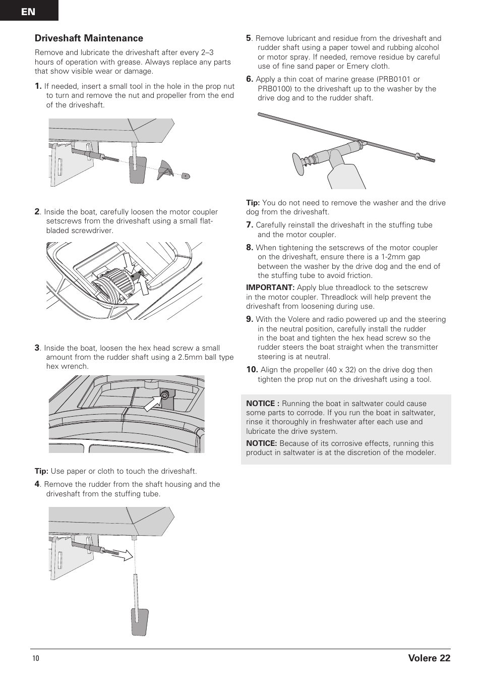 En volere 22 driveshaft maintenance | Pro Boat PRB3050B User Manual | Page 10 / 18