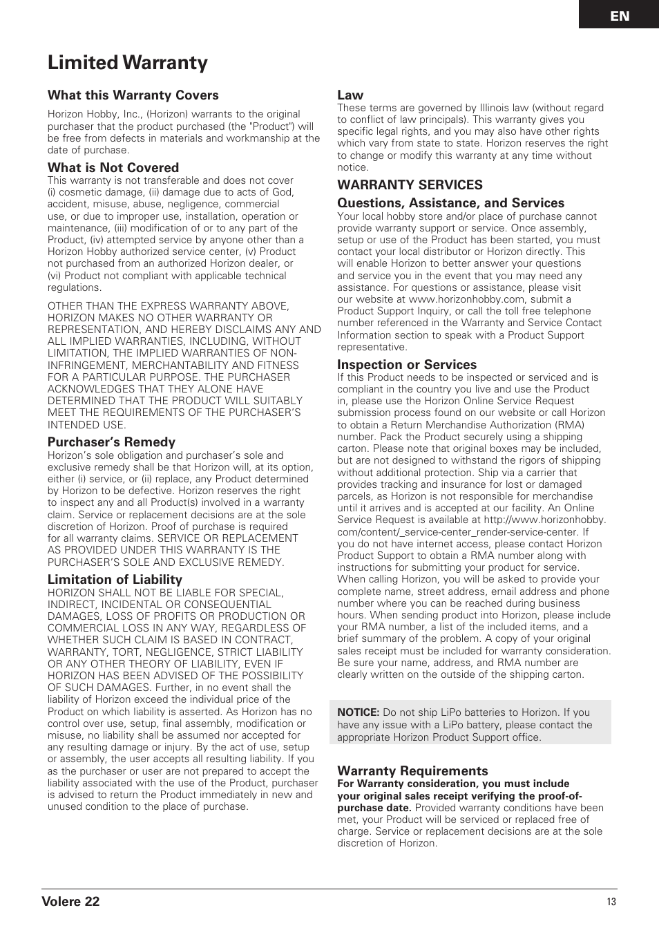 Limited warranty, En volere 22, What this warranty covers | What is not covered, Purchaser’s remedy, Limitation of liability, Inspection or services, Warranty requirements | Pro Boat PRB3050B User Manual | Page 13 / 18