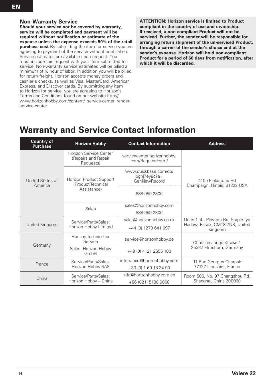 Warranty and service contact information, En volere 22 non-warranty service | Pro Boat PRB3050B User Manual | Page 14 / 18