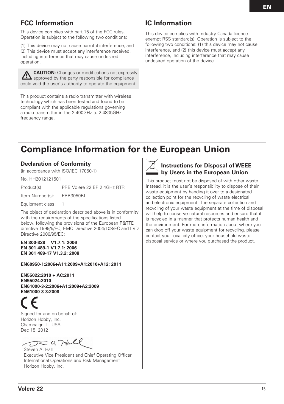 Compliance information for the european union, Fcc information, Ic information | Pro Boat PRB3050B User Manual | Page 15 / 18