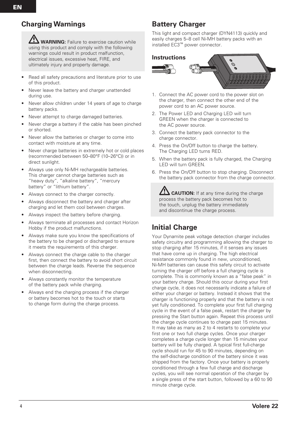 Charging warnings, Battery charger, Initial charge | En volere 22, Instructions | Pro Boat PRB3050B User Manual | Page 4 / 18