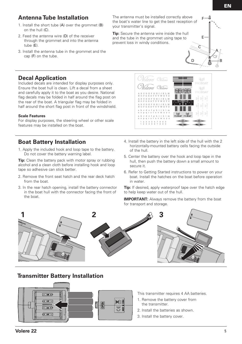 Transmitter battery installation, Decal application, Antenna tube installation | Boat battery installation | Pro Boat PRB3050B User Manual | Page 5 / 18