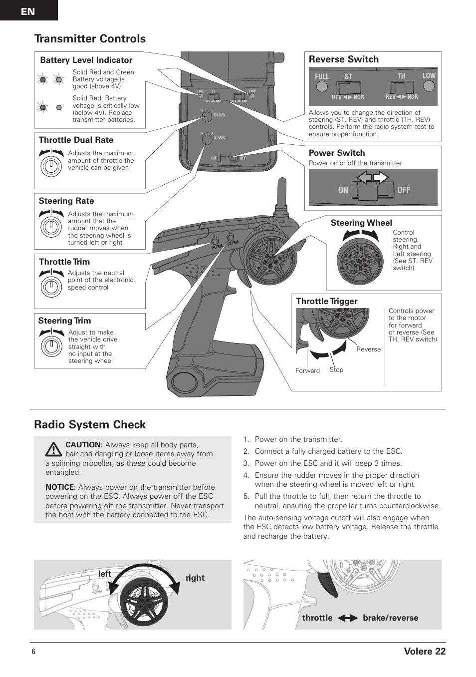Transmitter controls, Radio system check, En volere 22 | Reverse switch | Pro Boat PRB3050B User Manual | Page 6 / 18