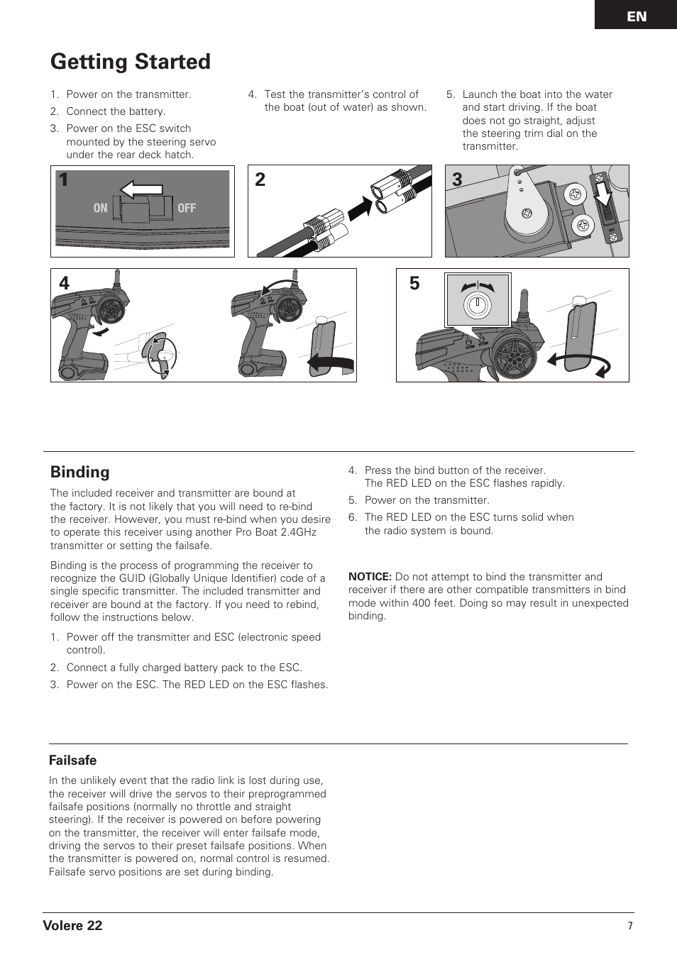 Getting started, Binding | Pro Boat PRB3050B User Manual | Page 7 / 18