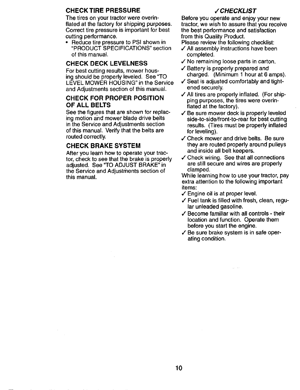 Check tire pressure, Check deck levelness, Check for proper position of all belts | Check brake system | Craftsman 917.274031 User Manual | Page 10 / 56