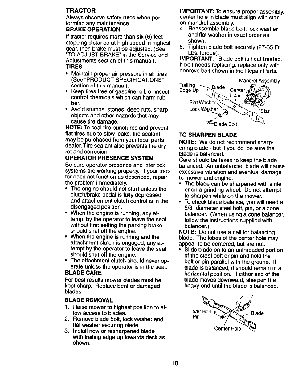 Tractor, Brake operation, Operator presence system | Blade care, Blade removal | Craftsman 917.274031 User Manual | Page 18 / 56