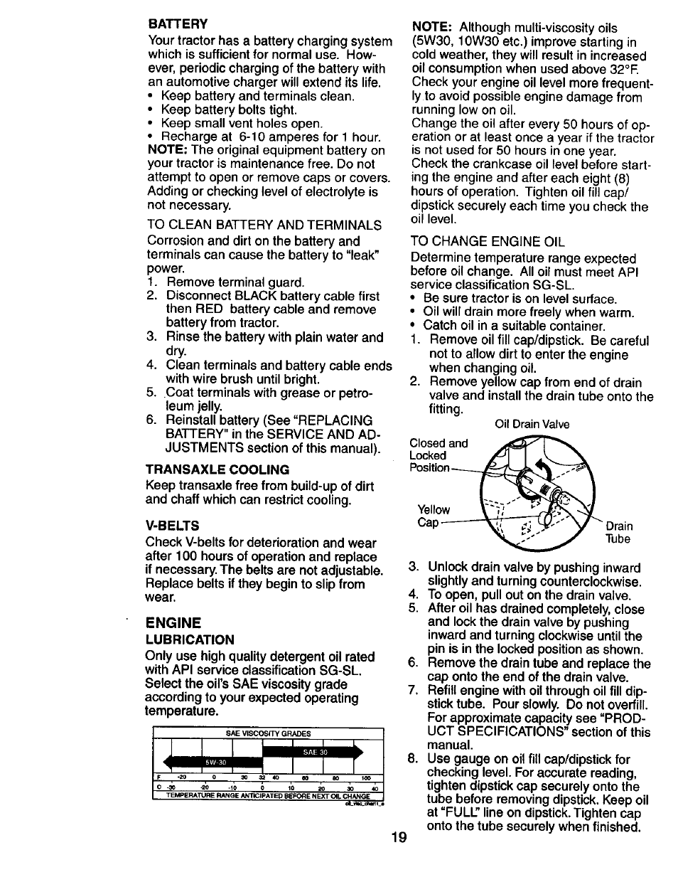 Battery, Transaxle cooling, V-belts | Engine, Lubrication | Craftsman 917.274031 User Manual | Page 19 / 56