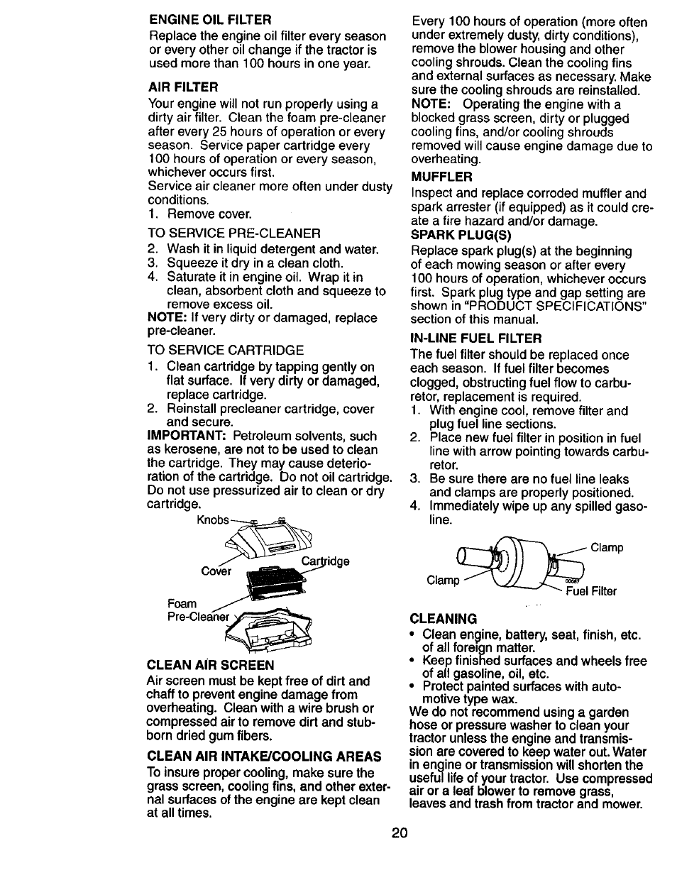 Engine oil filter, Air filter, Clean air screen | Clean air intake/cooling areas, Muffler, Spark plug(s), In-line fuel filter, Cleaning | Craftsman 917.274031 User Manual | Page 20 / 56