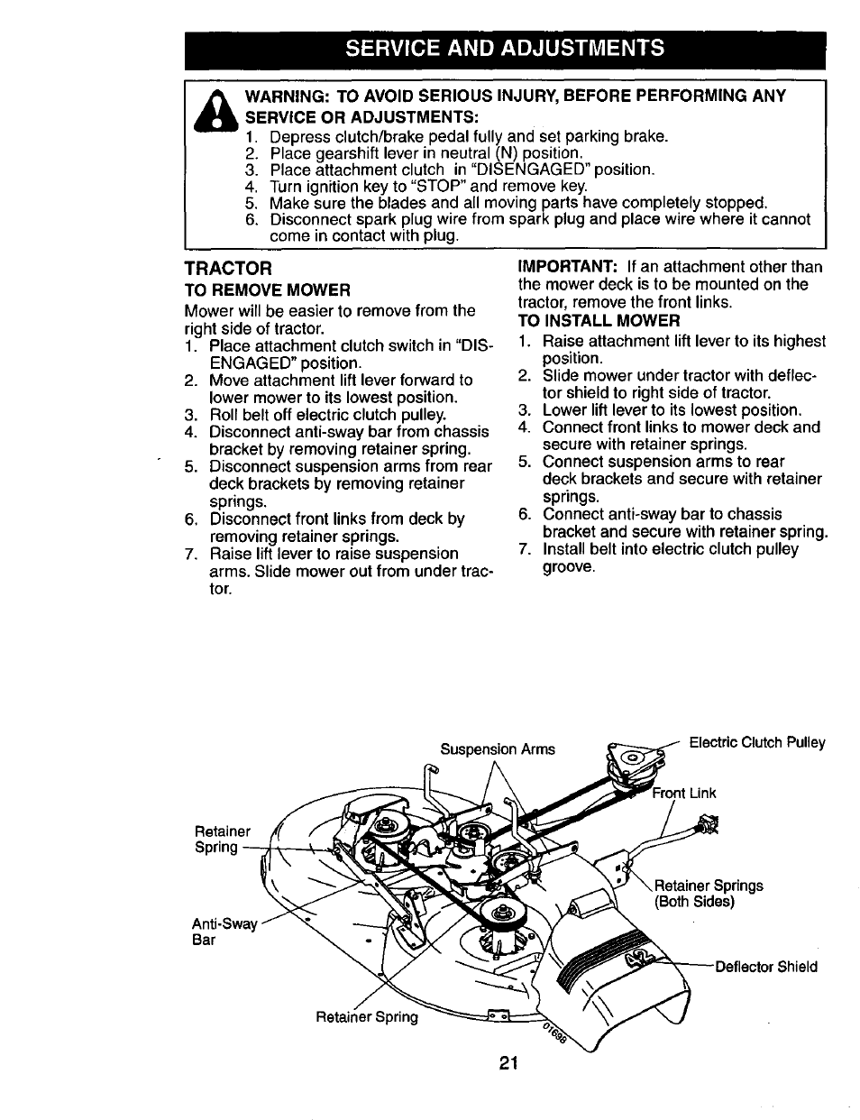 Tractor, To remove mower, To install mower | Service and adjustments | Craftsman 917.274031 User Manual | Page 21 / 56