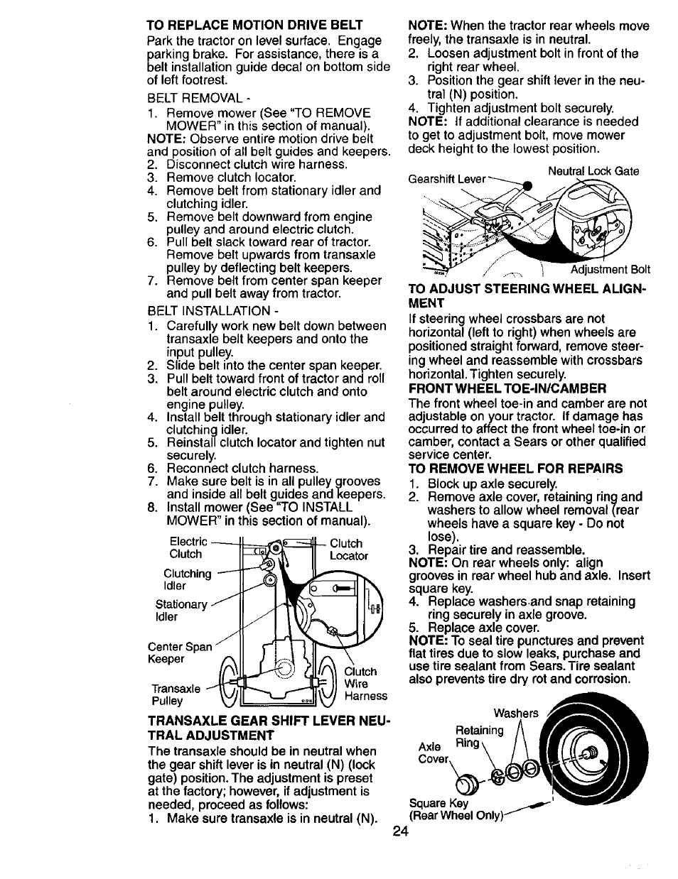 Transaxle gear shift lever neutral adjustment, To adjust steering wheel alignment, To remove wheel for repairs | Craftsman 917.274031 User Manual | Page 24 / 56