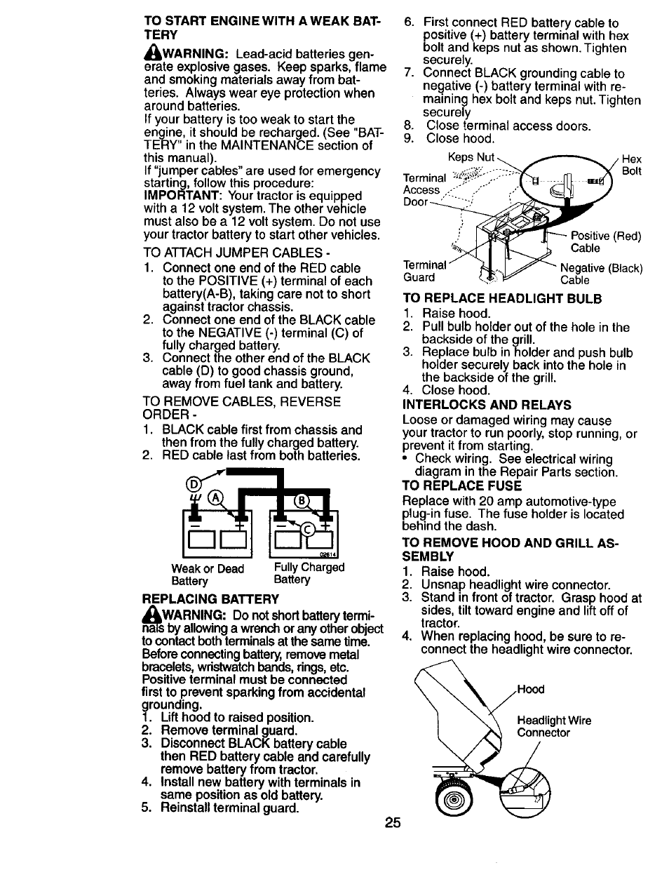 To start engine with a weak battery, Replacing battery, To replace headlight bulb | To remove hood and grill assembly | Craftsman 917.274031 User Manual | Page 25 / 56