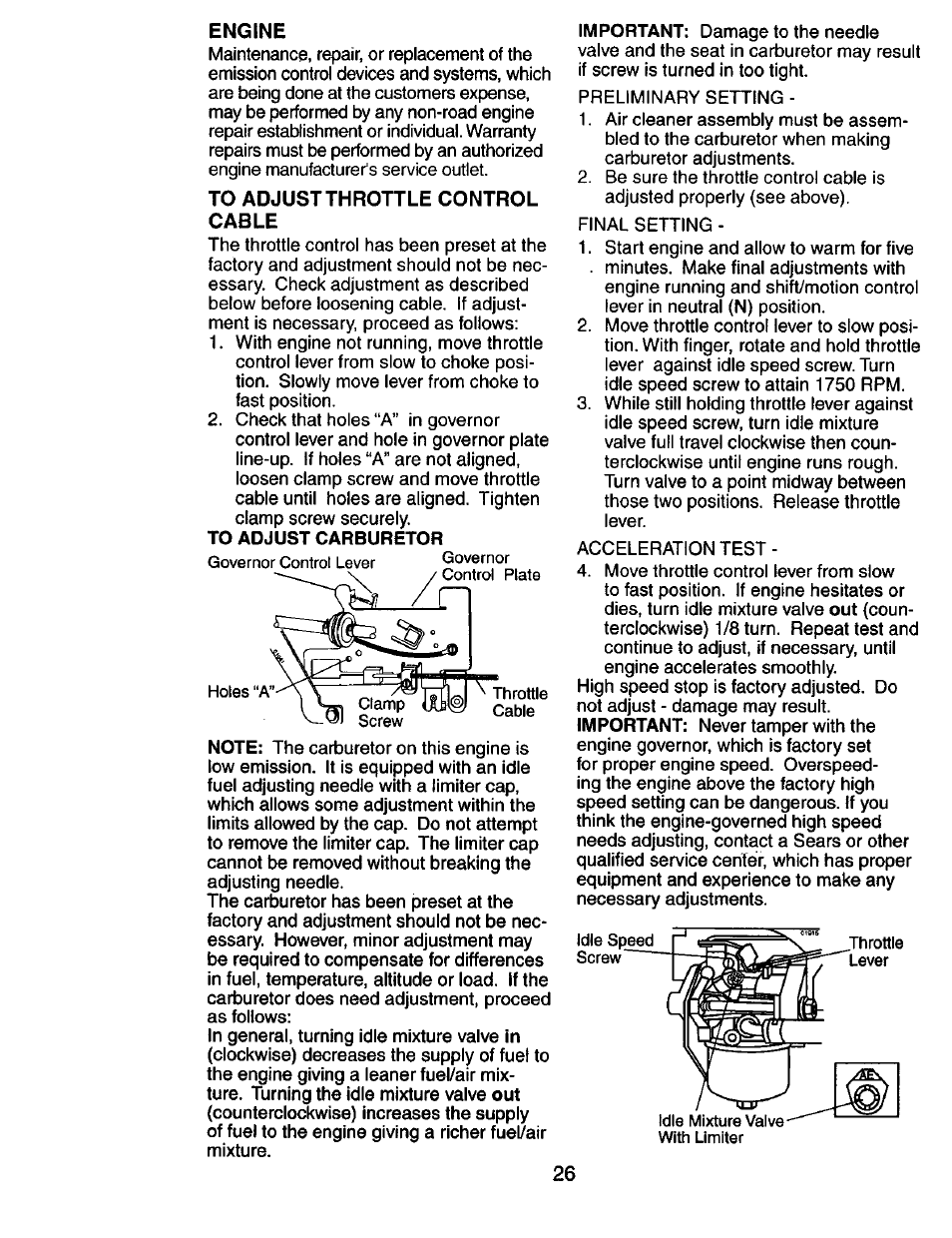 Engine, To adjust throttle control cable, To adjust carburetor | Craftsman 917.274031 User Manual | Page 26 / 56