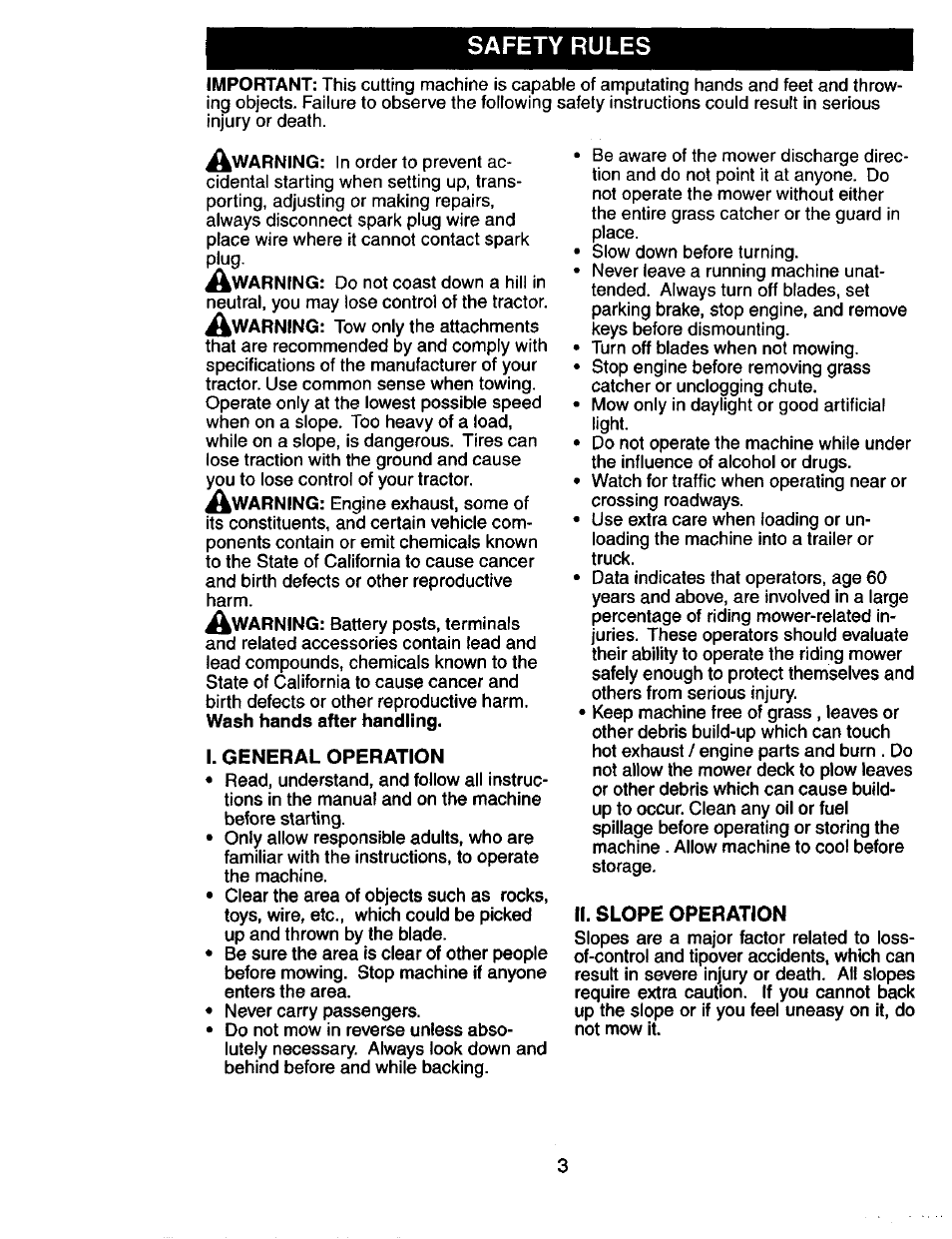 I. general operation, Ii. slope operation, Safety rules | Craftsman 917.274031 User Manual | Page 3 / 56