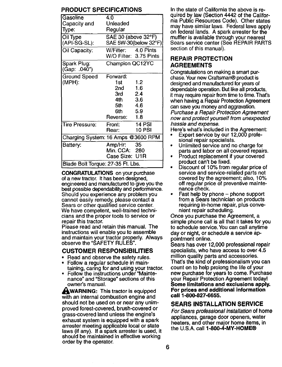 Customer responsibilities, Repair protection agreements, Sears installation service | Craftsman 917.274031 User Manual | Page 6 / 56