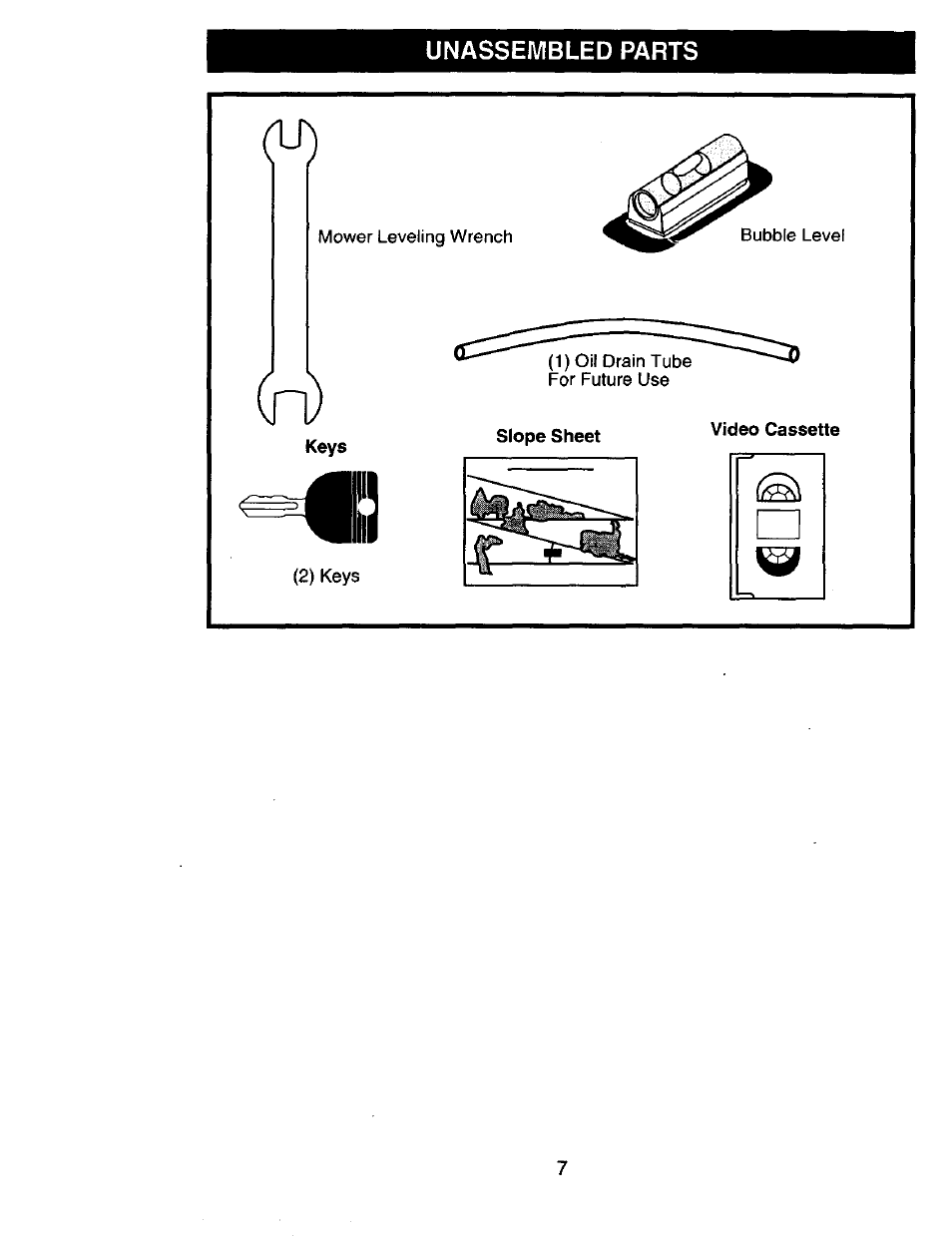 Unassembled parts, Video cassette | Craftsman 917.274031 User Manual | Page 7 / 56