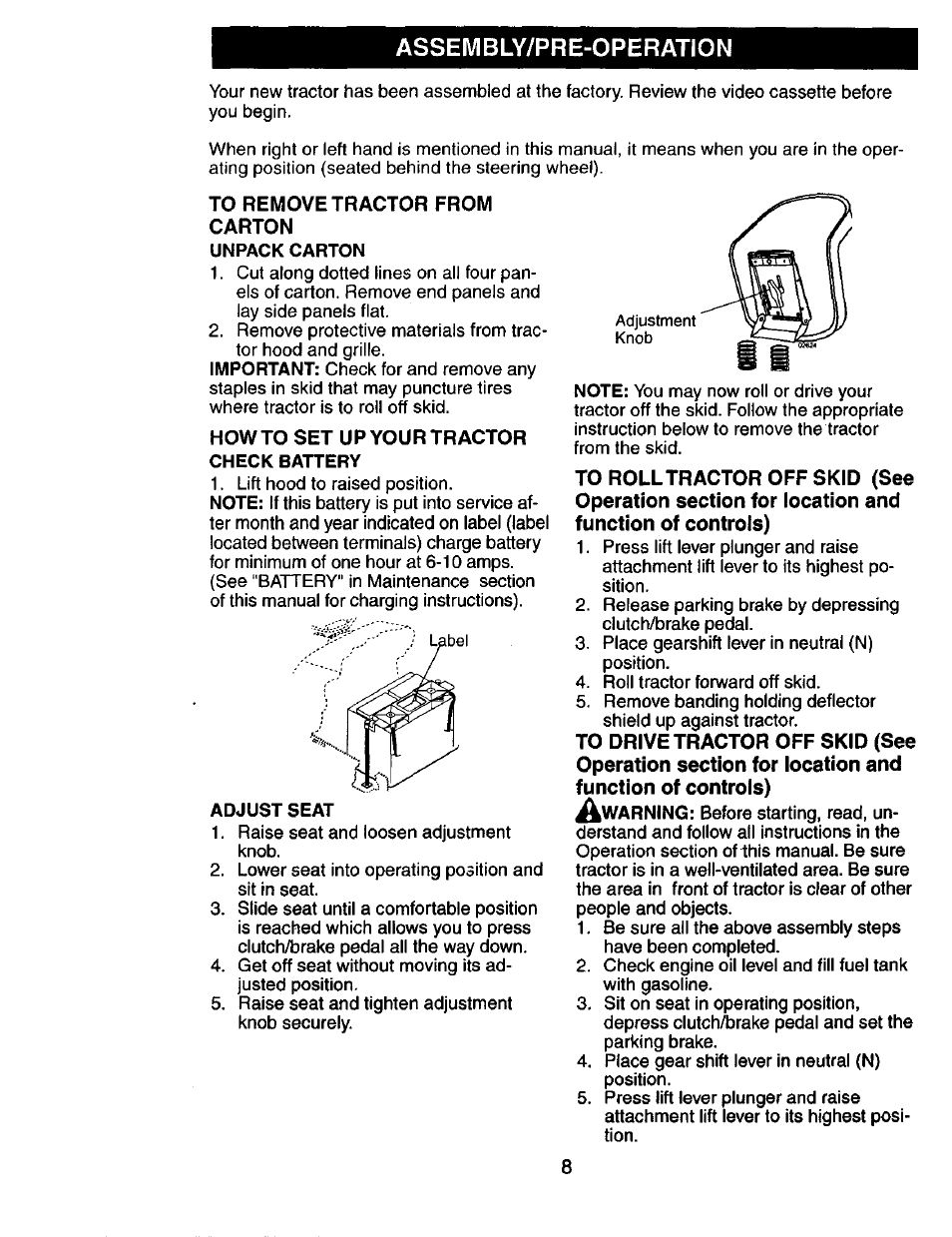 Adjust seat, Assembly/pre-operation | Craftsman 917.274031 User Manual | Page 8 / 56