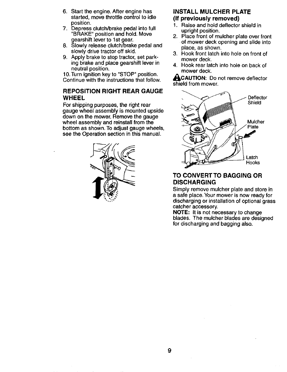 Reposition right rear gauge wheel, Install mulcher plate (if previously removed), To convert to bagging or discharging | Craftsman 917.274031 User Manual | Page 9 / 56