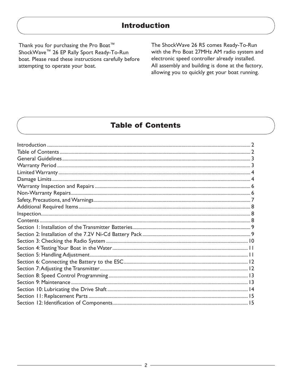 Table of contents introduction | Pro Boat PRB3100 User Manual | Page 2 / 16