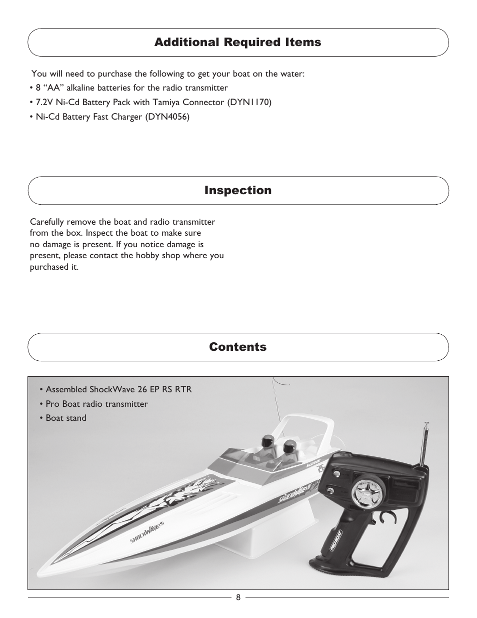 Contents additional required items inspection | Pro Boat PRB3100 User Manual | Page 8 / 16