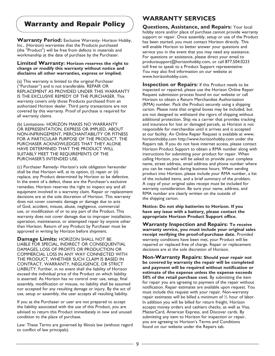 Warranty and repair policy, Warranty services | Pro Boat PRB3100S User Manual | Page 9 / 12