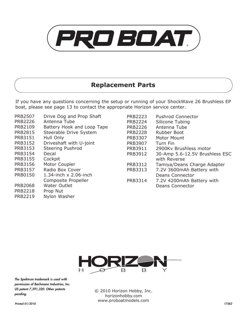 Replacement parts | Pro Boat PRB3150 User Manual | Page 16 / 16