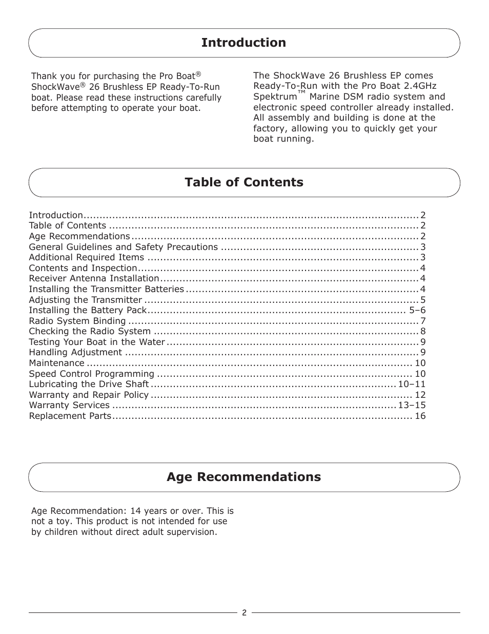 Table of contents introduction age recommendations | Pro Boat PRB3150 User Manual | Page 2 / 16