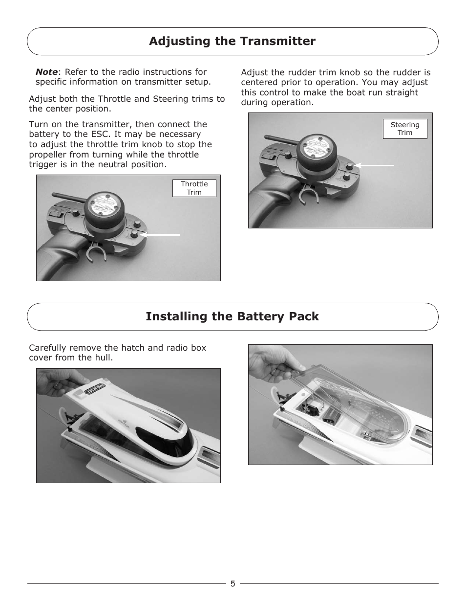 Installing the battery pack, Adjusting the transmitter | Pro Boat PRB3150 User Manual | Page 5 / 16
