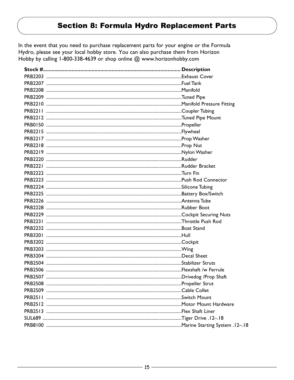 Section 8: formula hydro replacement parts, Section.8:.formula.hydro.replacement.parts | Pro Boat PRB3200 User Manual | Page 15 / 16