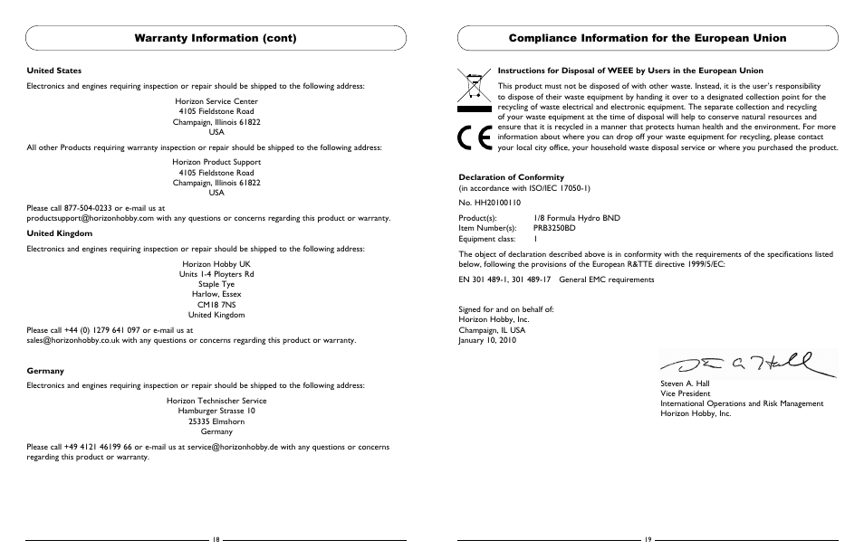 Warranty information (cont), Compliance information for the european union | Pro Boat PRB3250BD User Manual | Page 10 / 10