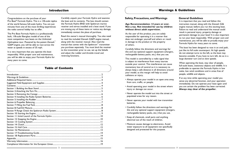 Table of contents introduction, Warnings & guidelines | Pro Boat PRB3250BD User Manual | Page 2 / 10