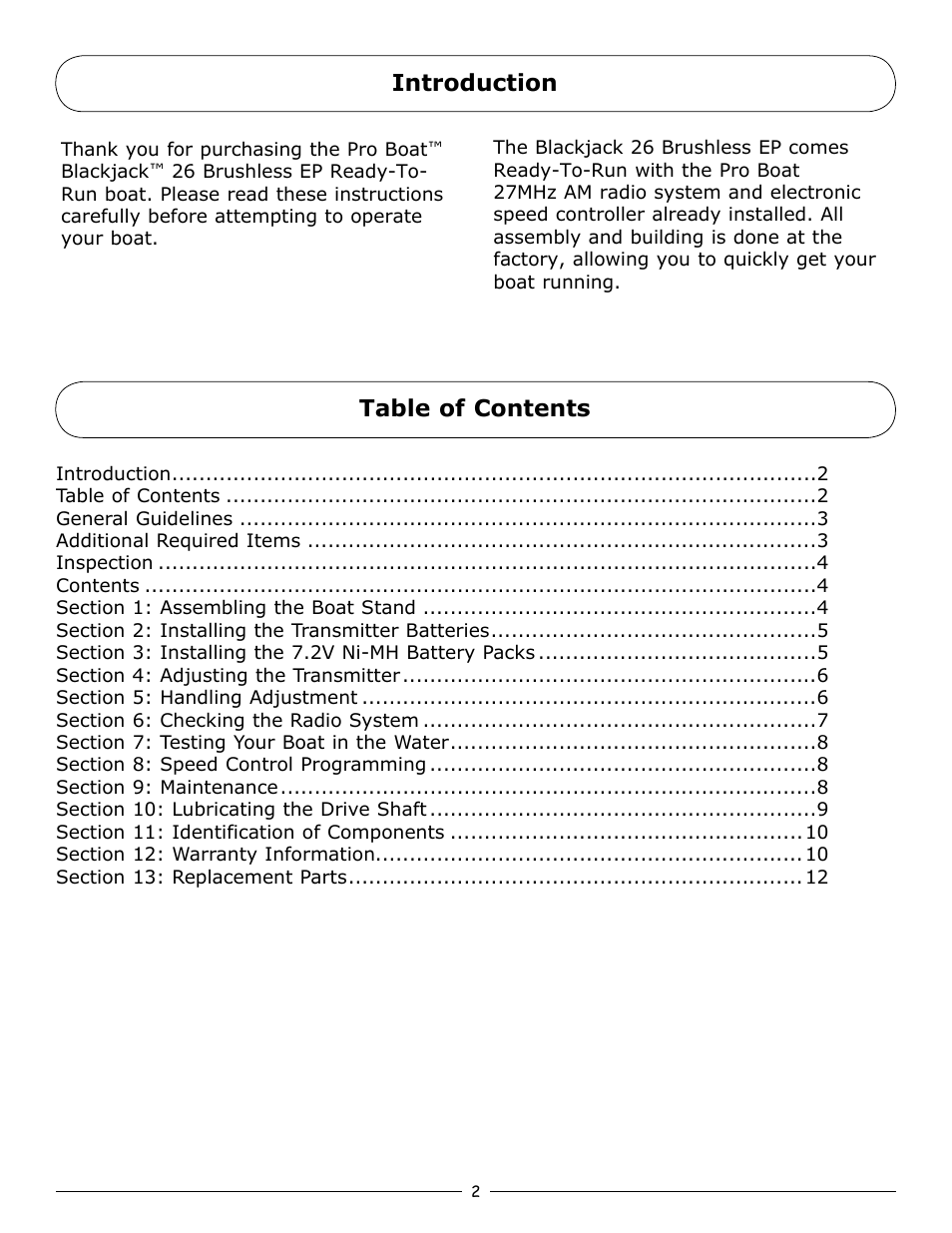 Table of contents introduction | Pro Boat PRB3300 User Manual | Page 2 / 12