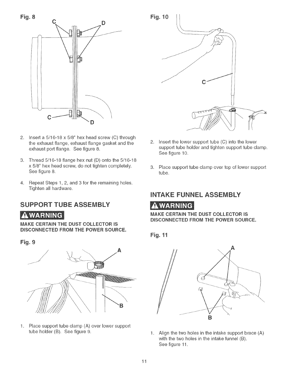 Support tube assembly, Intake funnel assembly, Warning | Craftsman 152.213351 User Manual | Page 11 / 44