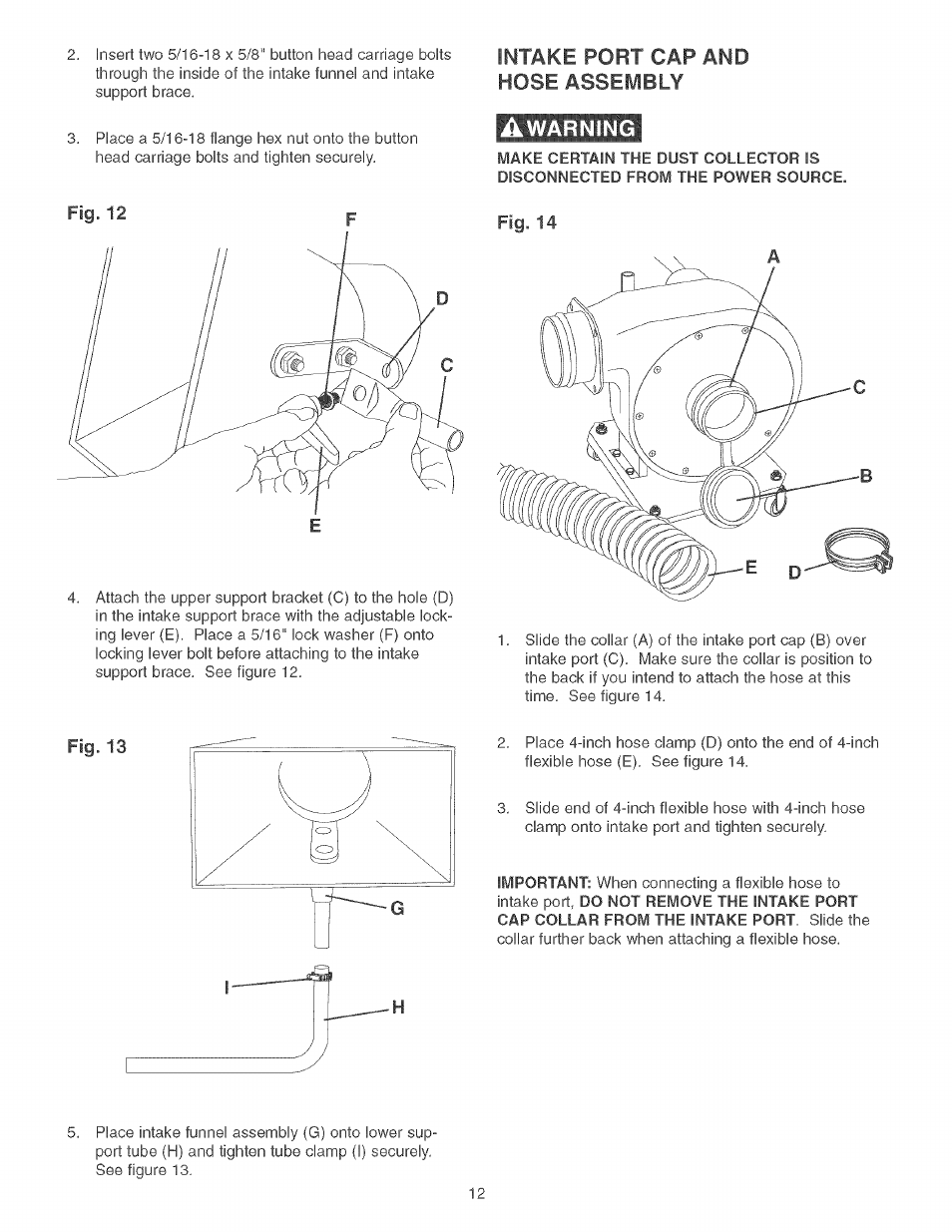 Intake port cap and hose assembly, Awarning, Warning | Craftsman 152.213351 User Manual | Page 12 / 44