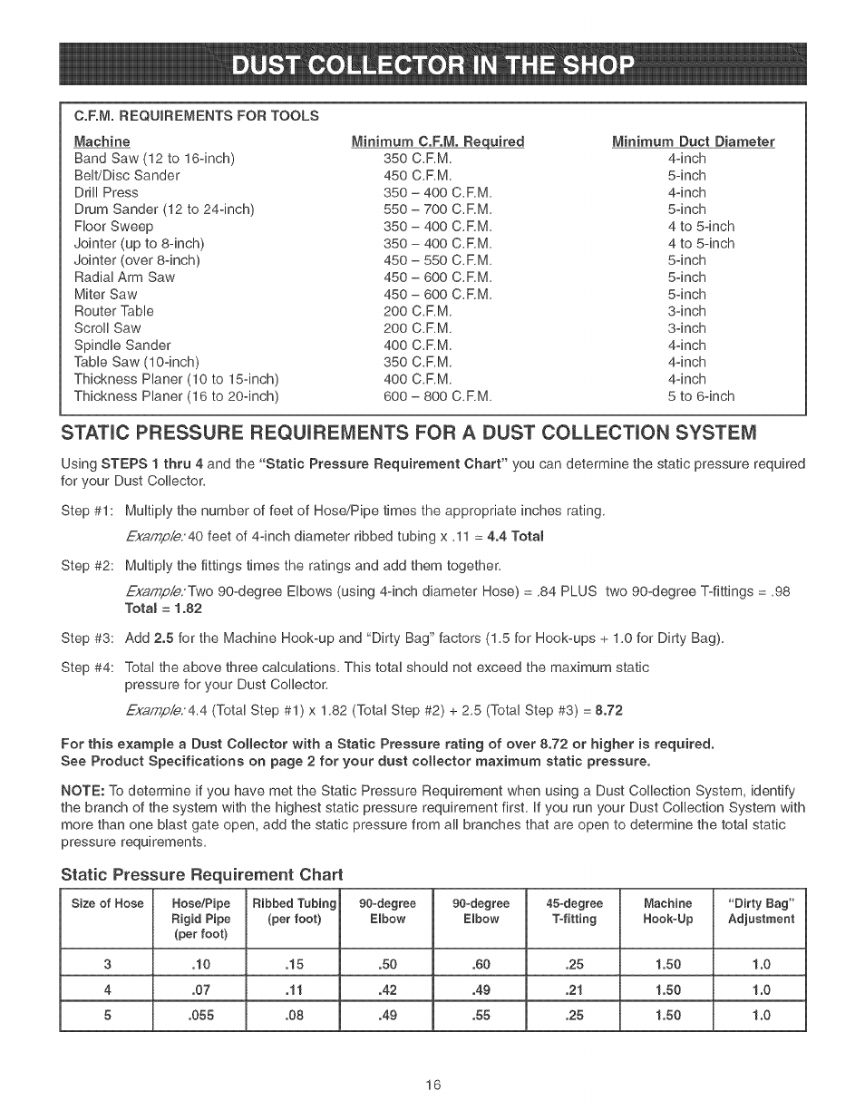 Static pressure requirement chart | Craftsman 152.213351 User Manual | Page 16 / 44