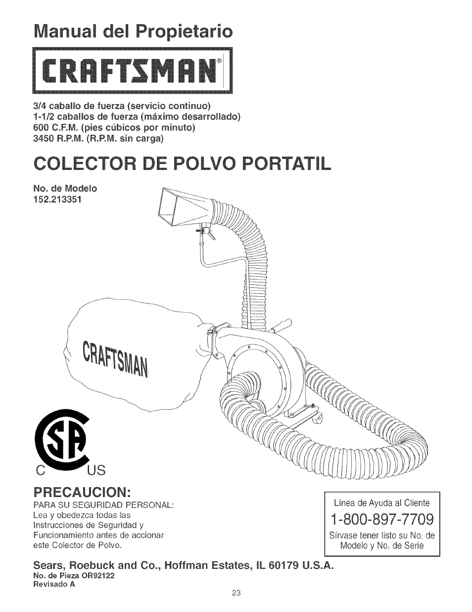 Manual del propietario, Colector de polvo portatil, Precaucion | Craftsman 152.213351 User Manual | Page 23 / 44