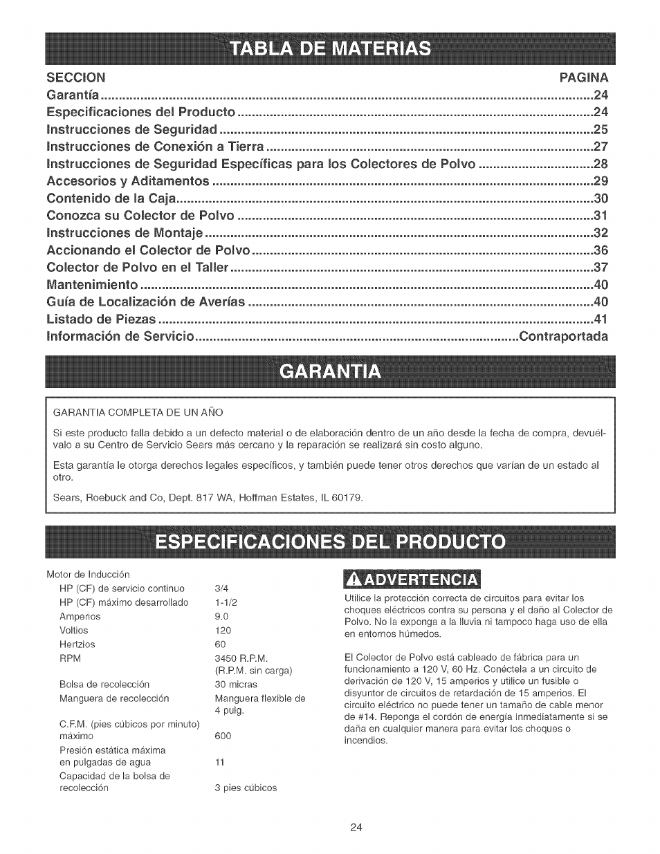 Garantia, Especificaciones del product, Aadvertencia | Advertencia | Craftsman 152.213351 User Manual | Page 24 / 44