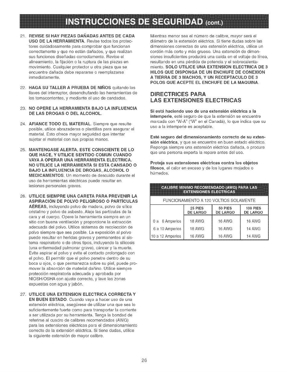 Directrices para las extensiones electricas | Craftsman 152.213351 User Manual | Page 26 / 44